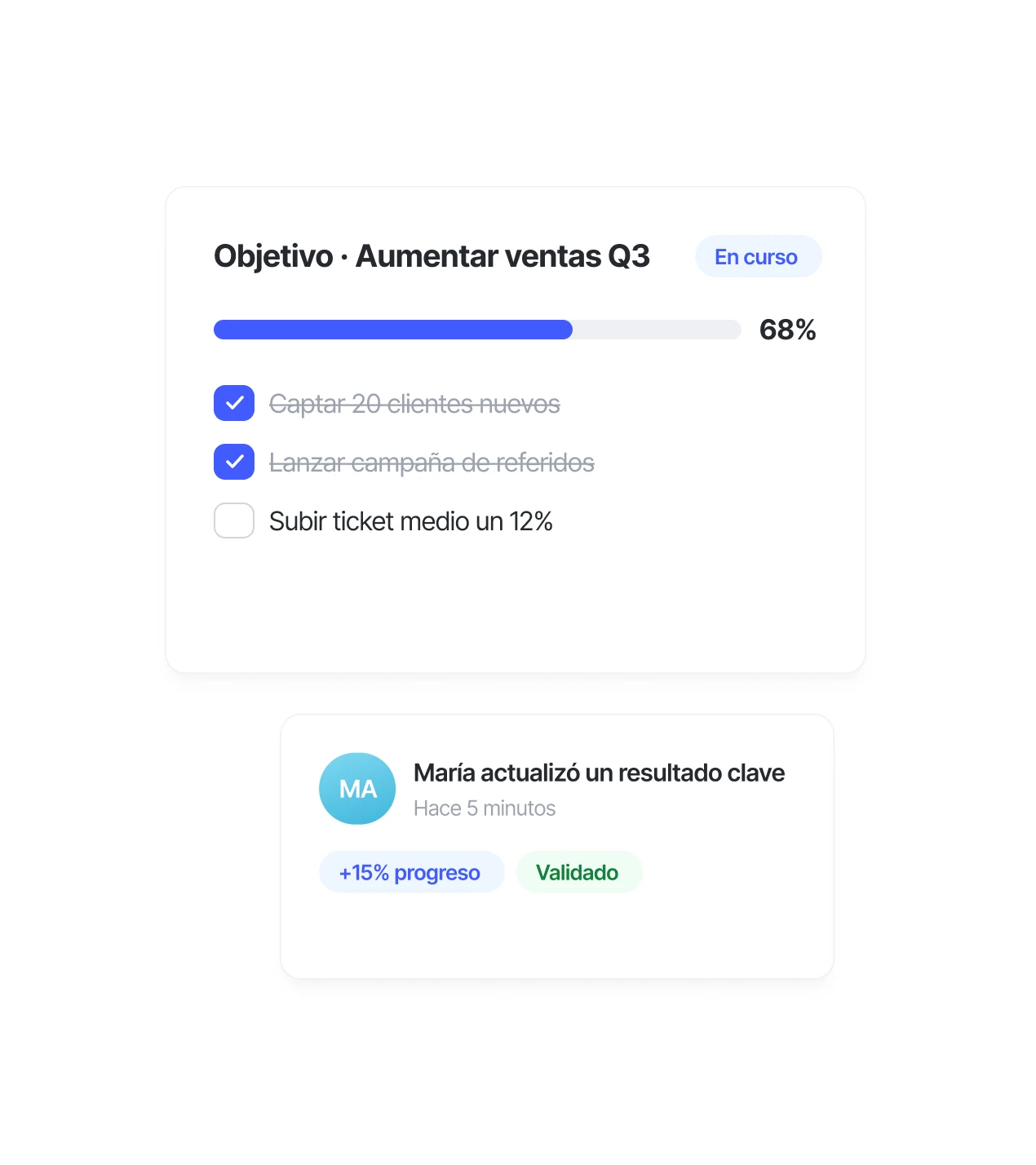 Objetivo con resultados clave y notificación de actualización en Sesame