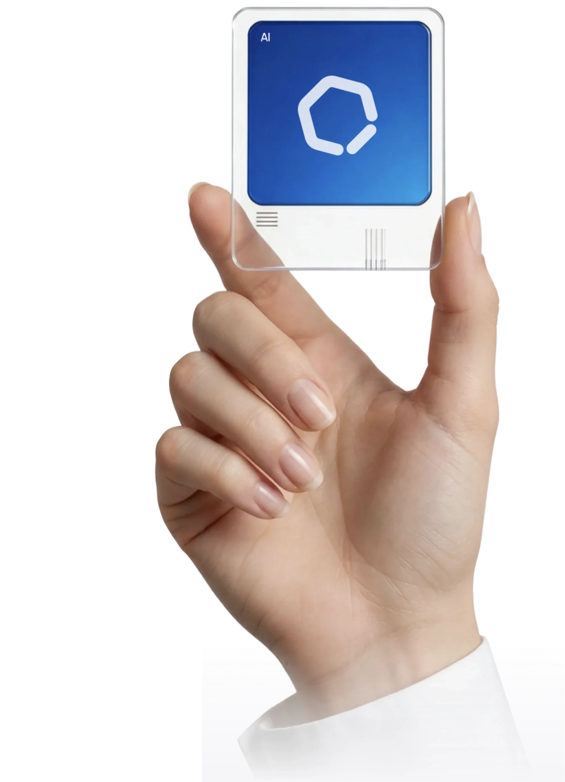 Mano sosteniendo el dispositivo de Sesame AI junto a un chat de la plataforma