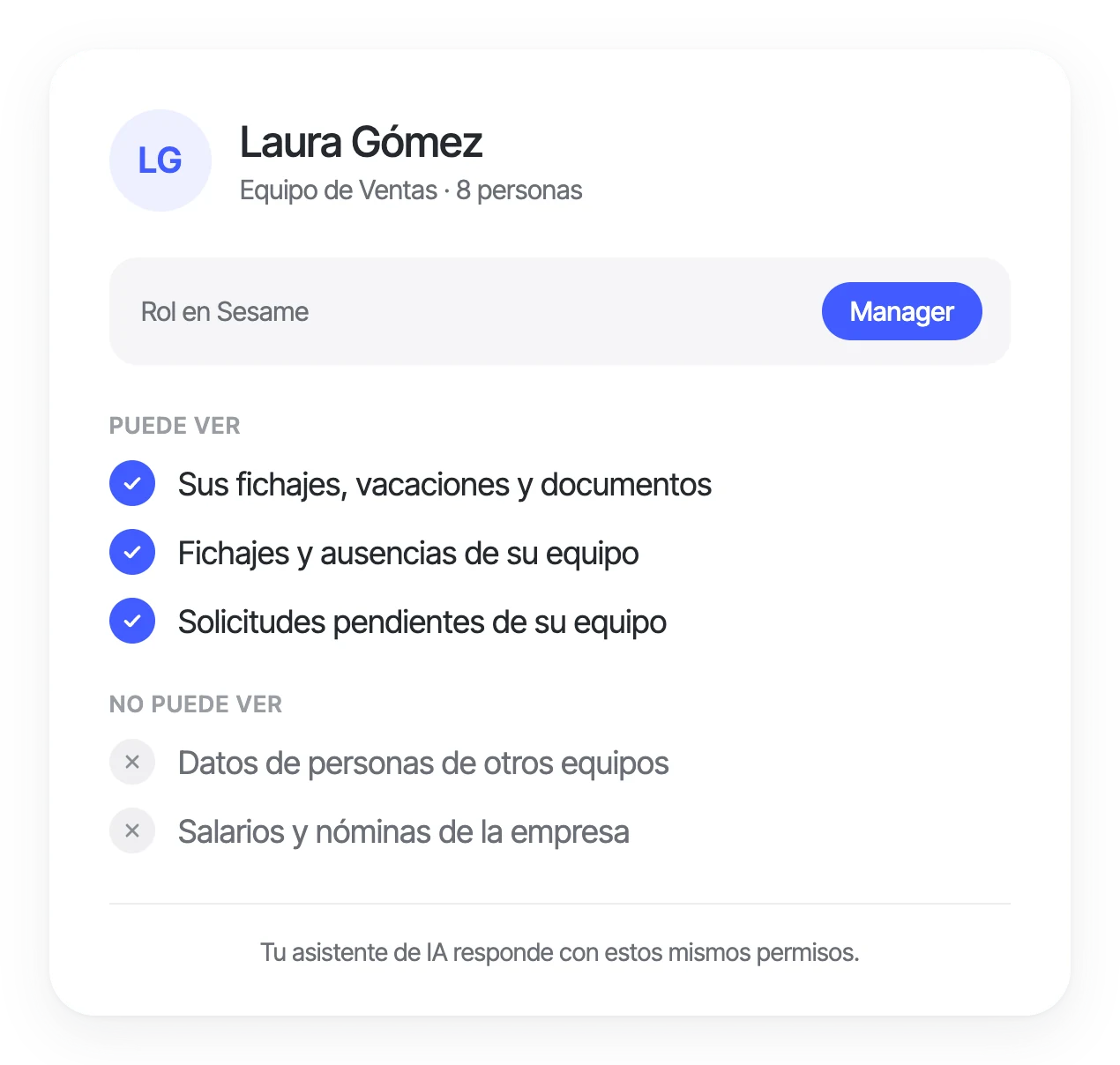 Ficha de una manager con su rol y lo que puede ver en Sesame