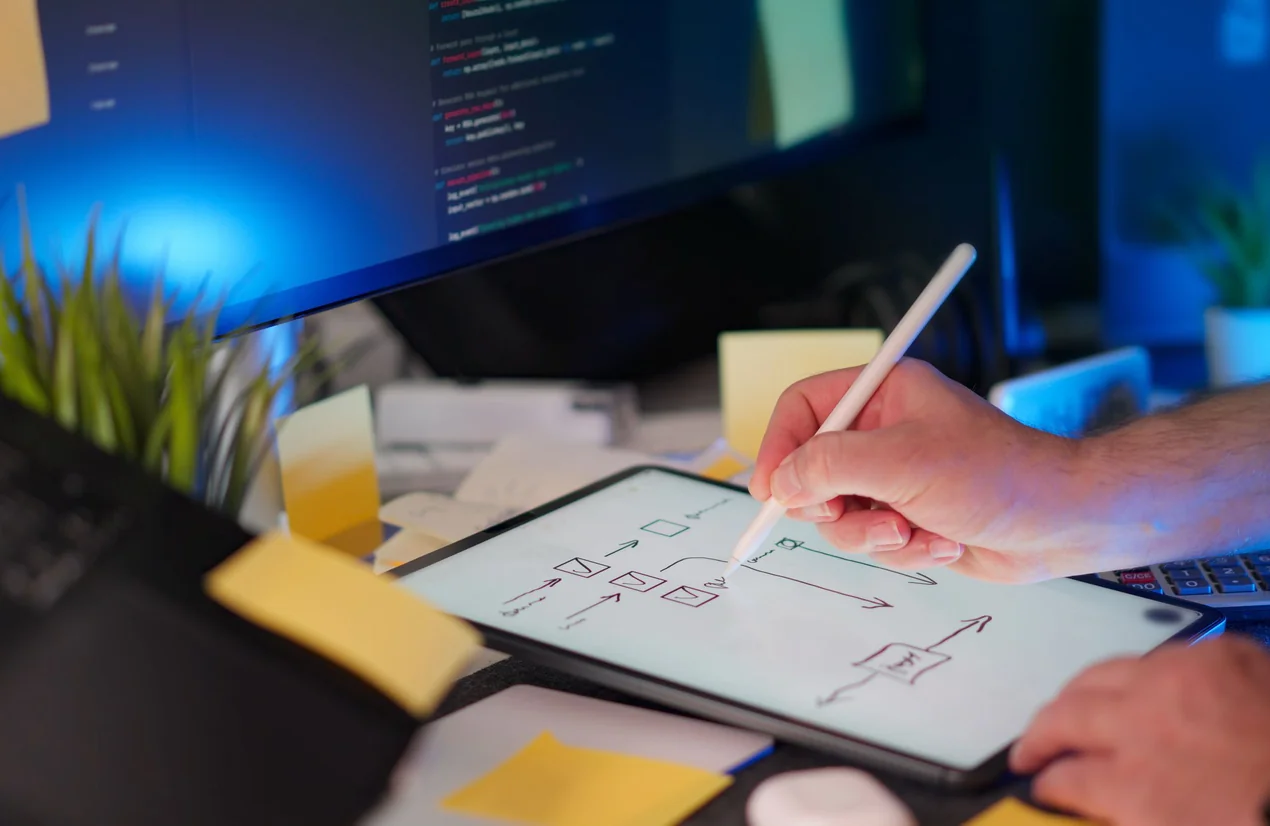 Boceto de una interfaz en una tableta con código de fondo